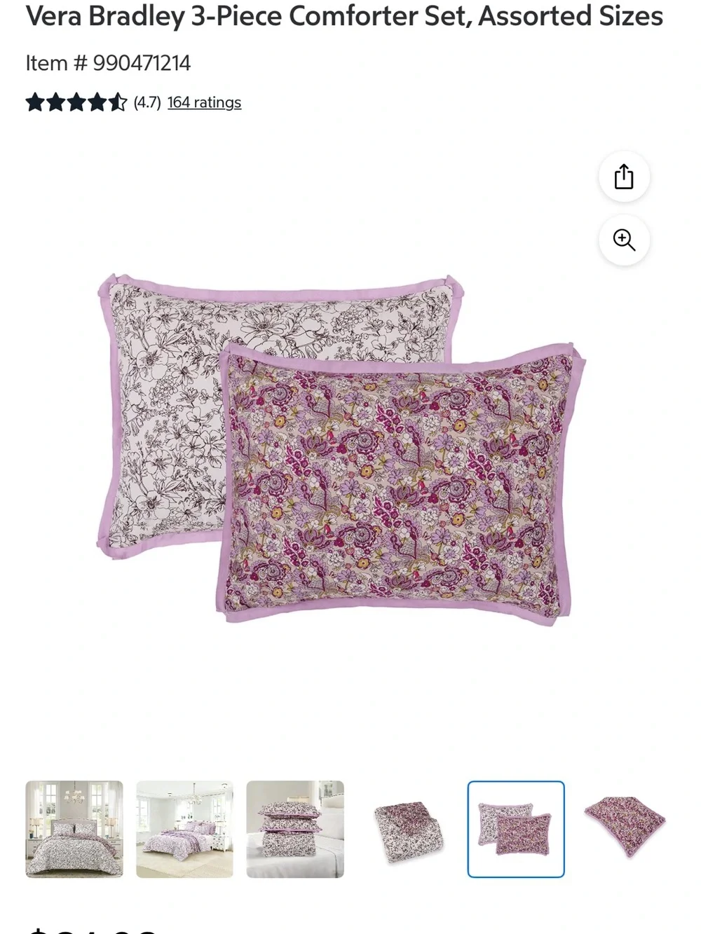 Vera Bradley Cream and Lavender Reversible Floral Comforter Set